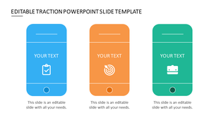 Transaction slide with three vertical mobile-style blocks in different colors, each with an icon and placeholder text areas. 