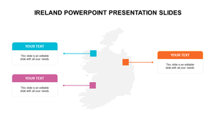 Gray map of Ireland with three colorful text boxes in blue, pink, and orange, connected by lines.