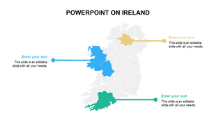 Map of Ireland with highlighted regions in blue, green, and yellow connected to text boxes with lines.