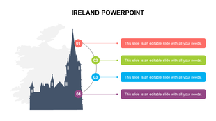Ireland slide featuring a silhouette of a castle with four numbered and  colored captions areas.