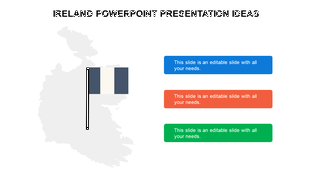 Ireland-themed slide showing a flag on a map outline, alongside three colorful caption areas.