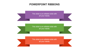 Slide with three horizontal ribbon banners in purple, green, and red, each featuring clean white text at the center.