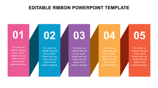 PowerPoint template with five vertical, colorful ribbon shaped sections numbered 1 to 5, each with text placeholders.