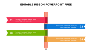 Vertical pencil graphic with four horizontal numbered ribbons in red, blue, green, and orange displaying text sections.