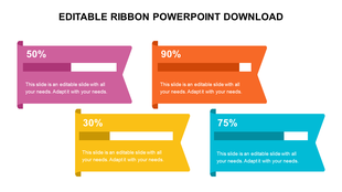 A slide with four angled ribbons in pink, orange, yellow, and blue, each featuring a percent bar and caption.