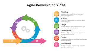 Circular layout with arrows in orange, blue, green, purple, red, and pink, illustrating agile phases alongside text.