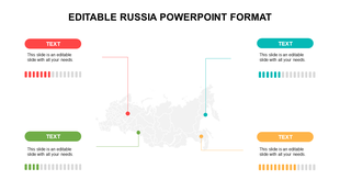 Gray Russia map with red, green, teal, and orange markers and corresponding text areas featuring progress bars.