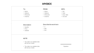 Invoice template in simple layout with sections from to and Signature with  each section holding a caption areas.