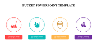 Creative bucket themed slide featuring four colored icons with placeholder text.