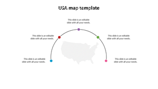 USA map slide with a light grey map at center and six color-coded dots on a curved line, each with editable text beside it.