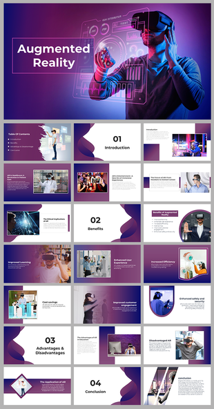 Augmented reality slide pack with purple and blue gradient backgrounds, showcasing images of virtual reality and technology.