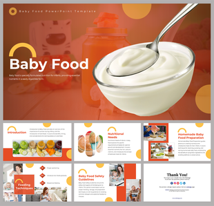 Baby food slides featuring key topics like nutritional needs, preparation, and safety guidelines with text descriptions.