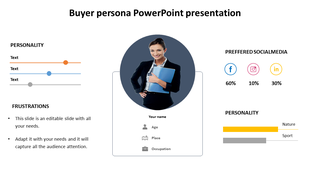 Buyer persona slide featuring a professional woman, personality traits, frustrations, social media icons, and text area.