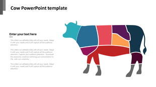 Colorful cow illustration with segmented sections, each in different colors, next to placeholders text areas.