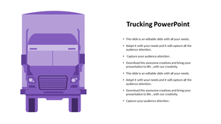 Illustration of a large purple truck facing forward on the left side, with placeholder text areas.