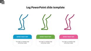 Three outline drawings of legs in blue, green, and pink, each above matching rectangular text boxes.