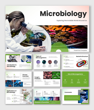 Microbiology slides with microscope visuals, green theme, icons, and clear layouts to explain microbes and concepts clearly.