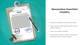 Slide featuring a signed memorandum of understanding on a clipboard with a pen and stamp on a teal backdrop.