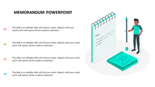 Memorandum slide featuring an illustration of a notepad and a person holding a pen with text sections.