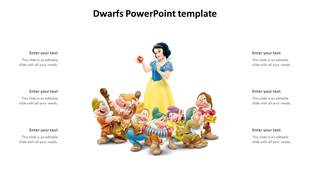 Slide featuring Snow White holding an apple with seven dwarfs gathered around her, with text placeholders on both sides.