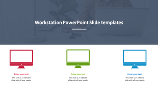 Workstation slide with three computer monitor icons in red, green, and blue, each with placeholder text areas.
