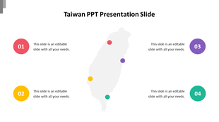 Taiwan map PowerPoint slide with four numbered sections and placeholder text.