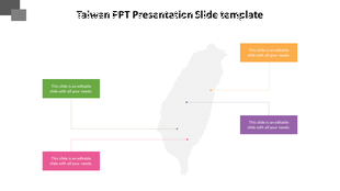 Taiwan map in grey with four colored text boxes in green, orange, purple, and pink, each connected by thin lines.