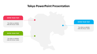 Tokyo layout with left-side red and green text blocks and a right-side blue block, all connected to points on a central map.