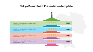 Stacked pagoda design with colored layers for text sections, set against a silhouette of Tokyo’s skyline in background.