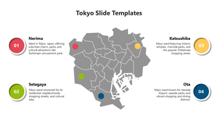Tokyo ward map template featuring labeled regions with descriptions, including suburban and cultural highlights.