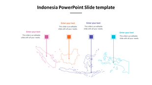 Outline map of Indonesia with four labeled points, each marked by colored square icons in pink, orange, blue, and teal.