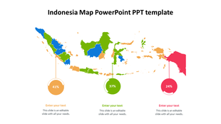 Colorful map of Indonesia with three circular percentage markers in yellow, green, and red circles, each with text below.