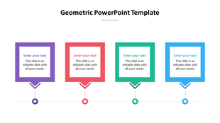 Geometric layout with purple, red, green, and blue square boxes, linked to matching circles along a horizontal line.