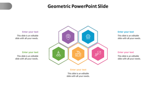 Geometric infographic with outline hexagons and icons, surrounded by six editable text boxes in colors.