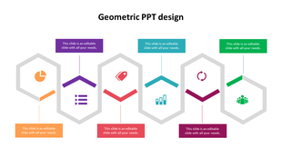 A geometric PowerPoint slide design featuring colorful icons and placeholder text boxes on a white backdrop.