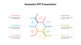 Geometric infographic with stacked hexagons with icons for package, rocket, touch, and globe branching out to text boxes.
