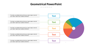 Horizontal layout with five text boxes in blue, green, orange, red, and purple linked to a pie chart on the right.