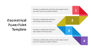 Four colorful triangular shapes in red, yellow, blue, and purple, each numbered 1 to 4, paired with text areas.
