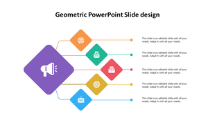 Geometric design with a large purple connected to smaller diamonds in orange, green, red, yellow, and blue.