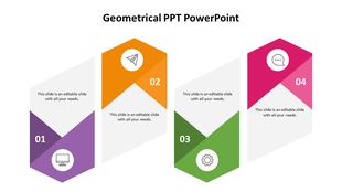 Geometrical PowerPoint slide with four colored icons representing different steps in a process with placeholder text.