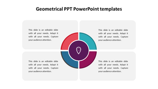 Geometric slide with a central circle divided into red, teal, purple, and blue quadrants, each linked to gray text box.