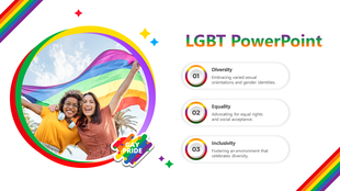 LGBT slide featuring two people smiling under a rainbow flag, with sections on diversity, equality, and inclusivity.