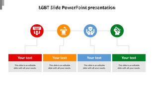 Four colorful circular icons in red, orange, blue, and green, connected with boxes for text on a white background.