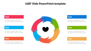 Slide featuring an LGBT themed template with a circular design of colorful hands and space for text.