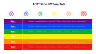 Colorful horizontal layout with six icons in rainbow colors above rows of text blocks in matching colors.