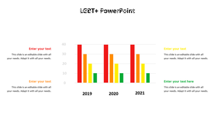 LGBT PowerPoint slide featuring a colorful bar graph comparing data across 2019, 2020, and 2021 with placeholder text.