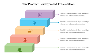 Isometric layered blocks in gradient colors representing steps of product development, each marked with a retail.