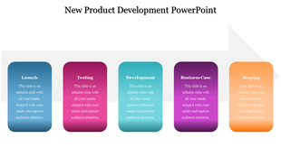 Five rounded rectangular blocks in blue, pink, teal, purple, and orange arranged horizontally in a flowchart layout.