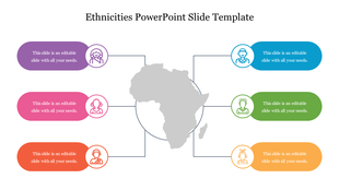 Grey Africa map in the center with six colorful rounded callouts in purple, pink, orange, blue, green, and yellow with icons.