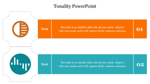PowerPoint slide with icons representing different tonalities, with placeholders for text and numbered captions.